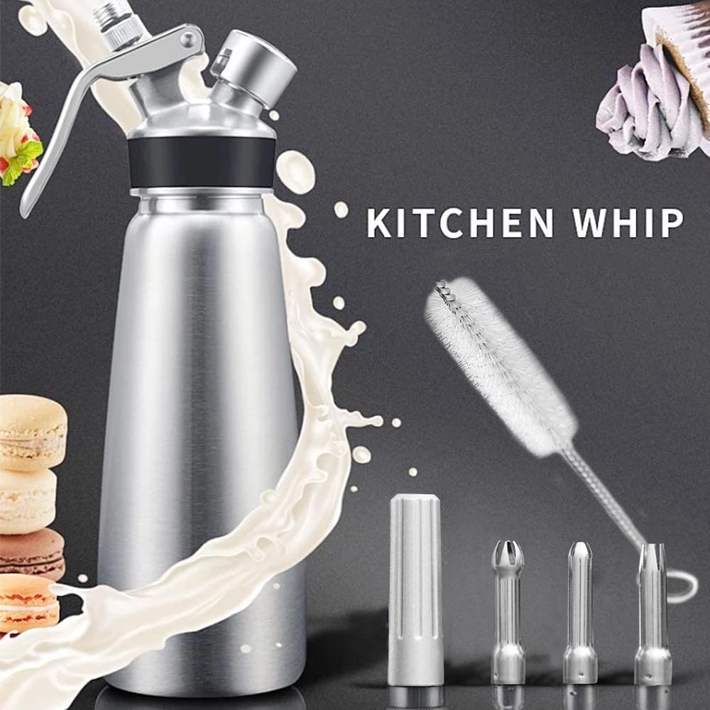  Professional Whipped Cream Dispenser 1 Pint Aluminum Cream  Whipper, Durable Stainless Steel Coffee Spoon, 3 Decorating Nozzles,  Charger Holder and Cleaning Brush (N2O Cartridge not Included) : Home &  Kitchen